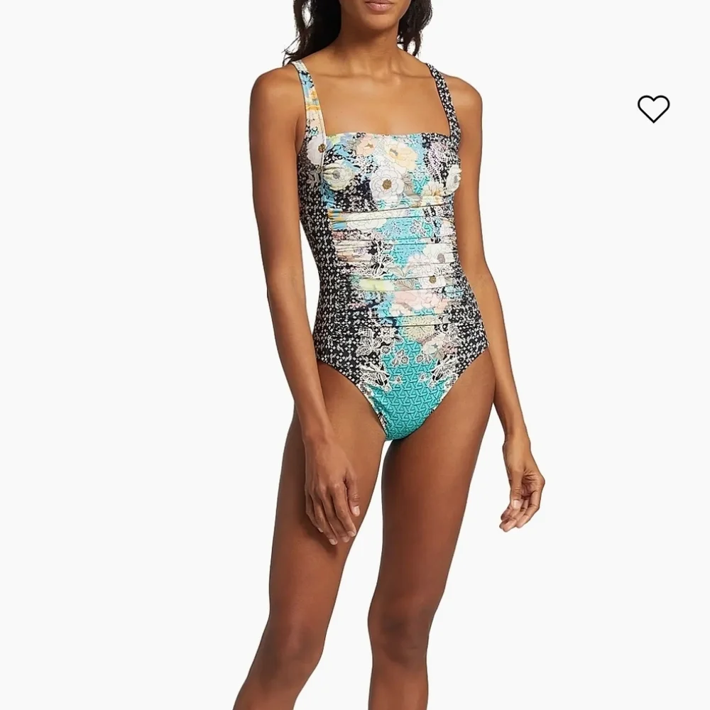 Johnny Was Mila Moody Floral Ruched One-Piece Swimsuit 1X Flattering Square Neck - Picture 2 of 10